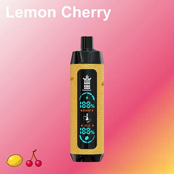 w=600,h=600,fit=scale down,gravity=auto,sharpen=1,metadata=none,format=auto,quality=70 Bang King 25,000-puff disposable vape in Lemon Cherry flavor; mustard-yellow textured body with black mouthpiece and a central Boost/Eco percentage display, on a pink-to-peach gradient background with “Lemon Cherry” text and lemon/cherry icons.