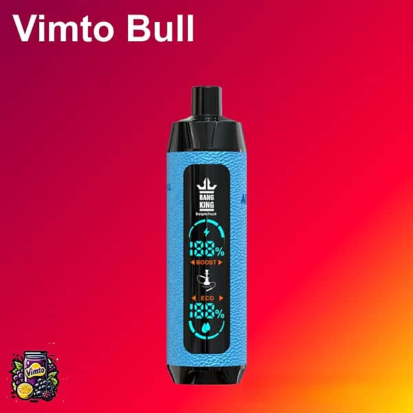w=600,h=600,fit=scale down,gravity=auto,sharpen=1,metadata=none,format=auto,quality=70 Bang King Shisha 25K disposable vape in “Vimto Bull” flavor — blue textured body with black mouthpiece and ends, central LED window showing Boost/Eco indicators — on a red-to-orange gradient background.