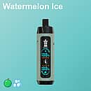 Bang King Shisha 25K disposable vape in “Watermelon Ice” flavor, sage-green textured body with black mouthpiece/top and base, central Boost/Eco LED panel, on a teal gradient background with small watermelon and ice icons.