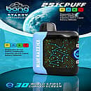 Bang Starry 25,000-puff disposable vape in “Blue Razz Ice,” showing a black-and-blue device with a constellation LED screen and spec icons (Type-C, 800 mAh, 28 mL, 1.0 Ω) against a space backdrop.