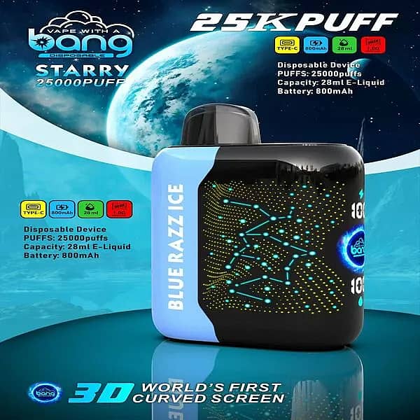 Bang Starry 25,000-puff disposable vape in “Blue Razz Ice,” showing a black-and-blue device with a constellation LED screen and spec icons (Type-C, 800 mAh, 28 mL, 1.0 Ω) against a space backdrop.