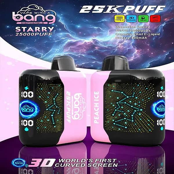 bang starry 25000 puffs disposable vape in “Peach Ice,” shown front and back with a cosmic background, 3D curved constellation screen, and spec icons (Type-C, 800 mAh, 28 mL, 1.0 Ω).
