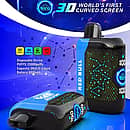 Bang Starry 25,000-puff disposable vape in “Red Bull” flavor, blue/black body with constellation-style 3D curved screen; icons show USB-C, 800 mAh battery, 28 mL e-liquid, 1.0 Ω coil.