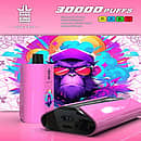 Bang King 30K Pro disposable vape in pink, “Blueberry Cranberry Cherry” flavor, with “30,000 PUFFS” headline and spec icons (Type-C, 850 mAh, 36 mL, 1.0 Ω) against a neon gorilla artwork background.