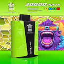 Bang King 30K Pro disposable vape in lime-green/black, “Minty Blue Razz” flavor, with “30,000 PUFFS” headline and spec icons (Type-C, 850 mAh, 36 mL, 1.0 Ω) against a neon gorilla/honeycomb backdrop.