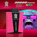 Bang King 30K Pro pink/black disposable vape, “Strawberry Watermelon” flavor, with “30,000 PUFFS” headline and spec icons (Type-C, 850 mAh, 36 mL, 1.0 Ω) against a neon gorilla-art backdrop.