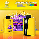 Bang King 30K Pro yellow disposable vape in “Triple Berry” flavor with “30,000 PUFFS” headline and spec icons (Type-C, 850 mAh, 36 mL, 1.0 Ω) against a purple-gorilla neon backdrop.