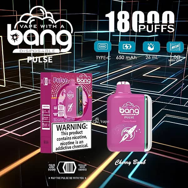 w=600,h=600,fit=scale down,gravity=auto,sharpen=1,metadata=none,format=auto,quality=70 Bang Pulse 18000 Puffs Disposable Vape – Cherry Bomb flavor with Type-C charging, 650mAh rechargeable battery, 26ml e-liquid, and 1.0Ω mesh coil.