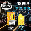 Bang Pulse 18000 Puffs Disposable Vape – Peach Mango flavor with Type-C charging, 650mAh rechargeable battery, 26ml e-liquid, and 1.0Ω mesh coil; device and retail box on a neon grid backdrop.