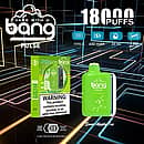 Bang Pulse 18000 Puffs Disposable Vape – Sour Apple Ice flavor with Type-C charging, 650mAh rechargeable battery, 26ml e-liquid, and 1.0Ω mesh coil; green device and retail box on a neon grid background.