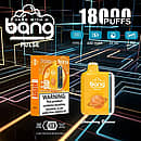 Bang Pulse 18000 Puffs Disposable Vape – Strawberry Banana flavor with Type-C charging, 650mAh rechargeable battery, 26ml e-liquid, and 1.0Ω mesh coil; orange device and matching retail box on a neon grid background.
