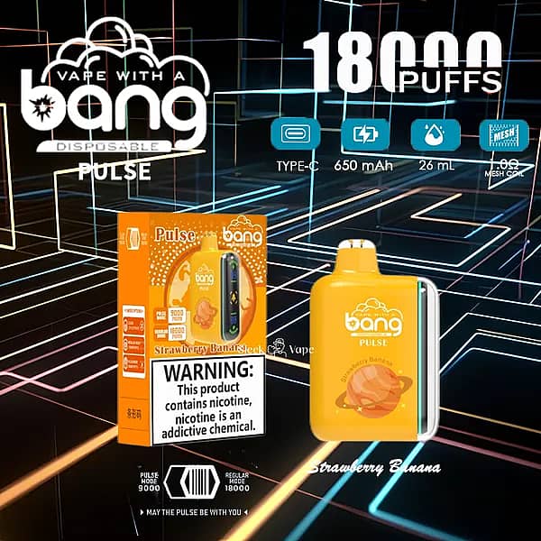 w=600,h=600,fit=scale down,gravity=auto,sharpen=1,metadata=none,format=auto,quality=70 Bang Pulse 18000 Puffs Disposable Vape – Strawberry Banana flavor with Type-C charging, 650mAh rechargeable battery, 26ml e-liquid, and 1.0Ω mesh coil; orange device and matching retail box on a neon grid background.