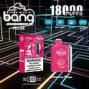 Bang Pulse 18000 Puffs Disposable Vape — Strawberry Mango flavor; pink device with LED side strip and matching retail box on a neon grid background; 26ml e-liquid, 650mAh rechargeable battery, Type-C charging, 1.0Ω mesh coil.