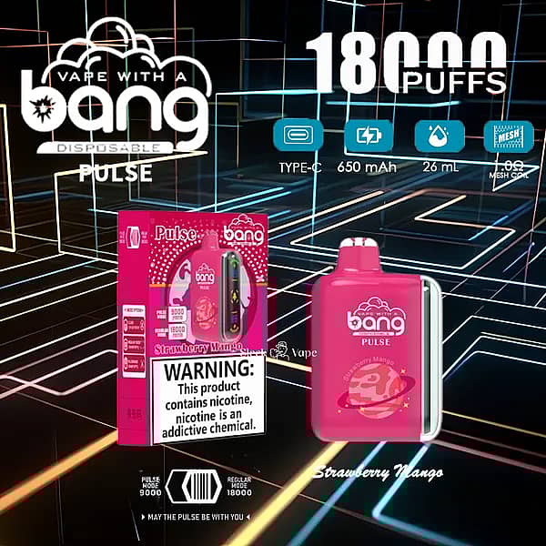 w=600,h=600,fit=scale down,gravity=auto,sharpen=1,metadata=none,format=auto,quality=70 Bang Pulse 18000 Puffs Disposable Vape — Strawberry Mango flavor; pink device with LED side strip and matching retail box on a neon grid background; 26ml e-liquid, 650mAh rechargeable battery, Type-C charging, 1.0Ω mesh coil.