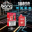Bang Pulse 18000 Puffs Disposable Vape — Strawberry Watermelon flavor; red device with LED side strip and matching retail box on a neon grid background; 26ml e-liquid, 650mAh rechargeable battery, Type-C charging, 1.0Ω mesh coil.