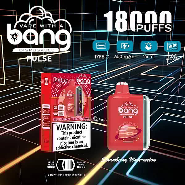 w=600,h=600,fit=scale down,gravity=auto,sharpen=1,metadata=none,format=auto,quality=70 Bang Pulse 18000 Puffs Disposable Vape — Strawberry Watermelon flavor; red device with LED side strip and matching retail box on a neon grid background; 26ml e-liquid, 650mAh rechargeable battery, Type-C charging, 1.0Ω mesh coil.
