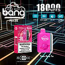 Bang Pulse 18000 Puffs Disposable Vape — Triple Berry Ice flavor; pink device with LED side strip and matching retail box on a neon grid background; 26ml e-liquid, 650mAh rechargeable battery, Type-C charging, 1.0Ω mesh coil.