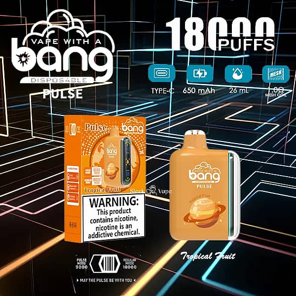 w=600,h=600,fit=scale down,gravity=auto,sharpen=1,metadata=none,format=auto,quality=70 Bang Pulse 18000 Puffs Disposable Vape — Tropical Fruit flavor; orange device with LED side strip and matching box on a neon grid; 26 ml e-liquid, 650 mAh Type-C rechargeable, 1.0 Ω mesh coil.