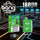 Bang Pulse 18000 Puffs Disposable Vape — Watermelon Ice flavor; green device with LED side strip and matching box on a neon grid; 26 ml e-liquid, 650 mAh Type-C rechargeable, 1.0 Ω mesh coil.