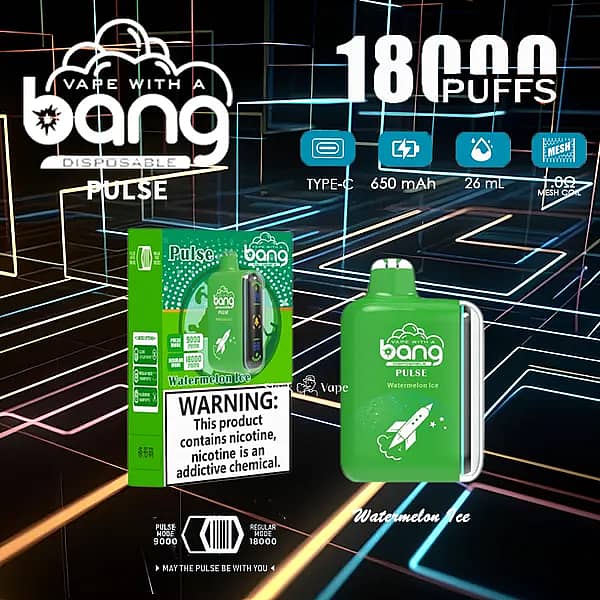w=600,h=600,fit=scale down,gravity=auto,sharpen=1,metadata=none,format=auto,quality=70 Bang Pulse 18000 Puffs Disposable Vape — Watermelon Ice flavor; green device with LED side strip and matching box on a neon grid; 26 ml e-liquid, 650 mAh Type-C rechargeable, 1.0 Ω mesh coil.