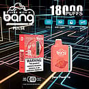 Bang Pulse 18000 Puffs Disposable Vape – Juicy Peach Ice flavor with Type-C charging, 650mAh rechargeable battery, 26ml e-liquid, and 1.0Ω mesh coil; device and retail box on a neon grid background.