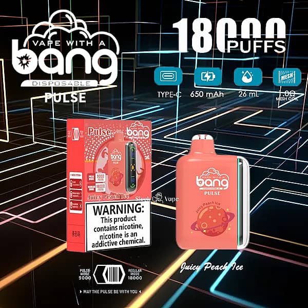 w=600,h=600,fit=scale down,gravity=auto,sharpen=1,metadata=none,format=auto,quality=70 Bang Pulse 18000 Puffs Disposable Vape – Juicy Peach Ice flavor with Type-C charging, 650mAh rechargeable battery, 26ml e-liquid, and 1.0Ω mesh coil; device and retail box on a neon grid background.