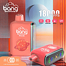 bang pulse 18000 puffs disposable vape in Juicy Peach Ice—coral body with rounded mouthpiece and LED side strip; on-image icons show Type-C charging, 650 mAh battery, 26 ml e-liquid, and 1.0 Ω mesh coil; banner notes Pulse mode 9000 / Regular 18000 puffs.