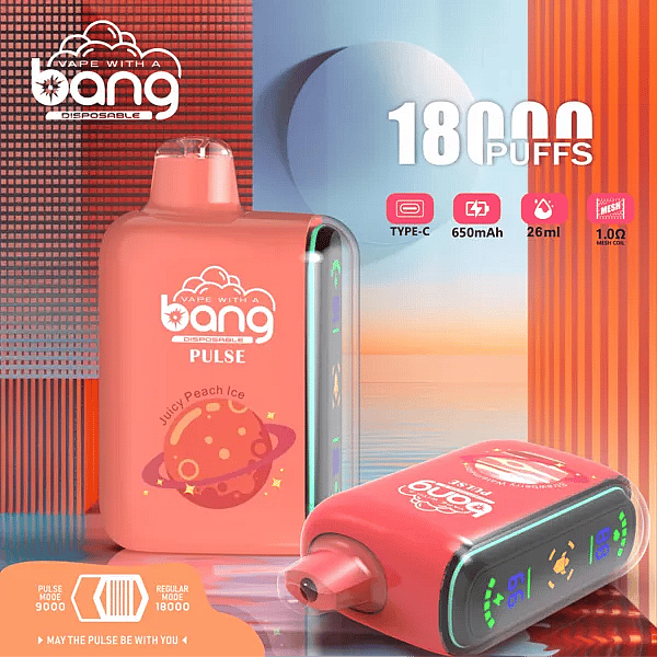 bang pulse 18000 puffs disposable vape in Juicy Peach Ice—coral body with rounded mouthpiece and LED side strip; on-image icons show Type-C charging, 650 mAh battery, 26 ml e-liquid, and 1.0 Ω mesh coil; banner notes Pulse mode 9000 / Regular 18000 puffs.