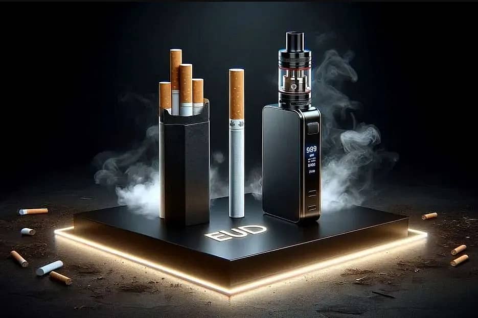 Nicotine e-cigarettes vs traditional cigarettes comparison with vape devices and tobacco products side by side.
