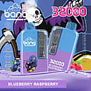 Bang 32,000-puff disposable vape in Blueberry Raspberry—translucent blue/purple body with clear mouthpiece; 32 mL e-liquid, 650 mAh battery, Type-C charging, 0.5 Ω dual-mesh coil, adjustable power.