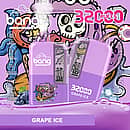 Bang 32,000-puff disposable vape, Grape Ice flavor; two-tone purple body with battery/e-liquid indicators, 32 mL e-liquid, 650 mAh Type-C rechargeable, 0.5Ω dual-mesh, adjustable power.