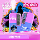 Bang 32,000-puff disposable vape in Mixed Fruit—pink/blue translucent body with clear mouthpiece; 32 mL e-liquid, 650 mAh battery, Type-C charging, 0.5 Ω dual-mesh coil, adjustable power; fruit graphics and hooded-figure artwork behind.