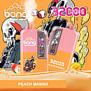 Bang 32,000-puff disposable vape in Peach Mango—pink/orange body with clear twin drip tips and windowed adjustable-power panel; 32 mL e-liquid, 650 mAh battery, Type-C charging, 0.5 Ω dual-mesh coil; peaches and mangoes with cartoon racing art in the background.
