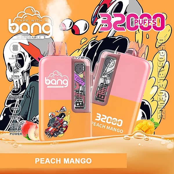 Bang 32,000-puff disposable vape in Peach Mango—pink/orange body with clear twin drip tips and windowed adjustable-power panel; 32 mL e-liquid, 650 mAh battery, Type-C charging, 0.5 Ω dual-mesh coil; peaches and mangoes with cartoon racing art in the background.