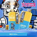 Bang 32,000-puff disposable vape in Red Bull flavor—yellow/blue body with clear twin mouthpieces and a windowed panel showing an indicator gauge and adjustable-power slider; 32 mL e-liquid, 650 mAh Type-C rechargeable battery, 0.5 Ω dual-mesh coil; energy-drink cans and cartoon graphics in the background.