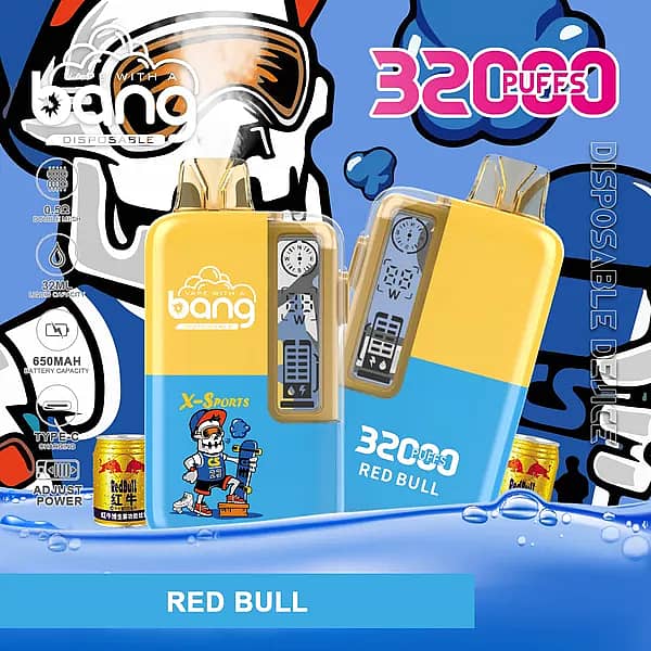 Bang 32,000-puff disposable vape in Red Bull flavor—yellow/blue body with clear twin mouthpieces and a windowed panel showing an indicator gauge and adjustable-power slider; 32 mL e-liquid, 650 mAh Type-C rechargeable battery, 0.5 Ω dual-mesh coil; energy-drink cans and cartoon graphics in the background.