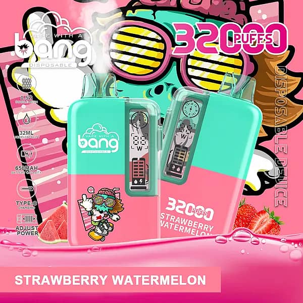 Bang 32,000-puff disposable vape, Strawberry Watermelon flavor, 32 mL e-liquid, 650 mAh Type-C, 0.5Ω dual-mesh coil, adjustable power, battery/e-liquid indicators.