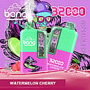 Bang 32,000-puff disposable vape, Watermelon Cherry flavor; 32 mL e-liquid, 650 mAh Type-C rechargeable, 0.5Ω dual-mesh coil, adjustable power, battery/e-liquid indicators.