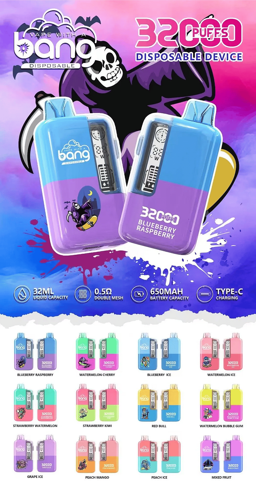 Bang 32000 Puffs Disposable vape lineup poster — Blueberry Raspberry device featured, grid of flavors below; specs shown: 32 mL e-liquid, 0.5Ω dual-mesh, 650 mAh battery, Type-C charging.