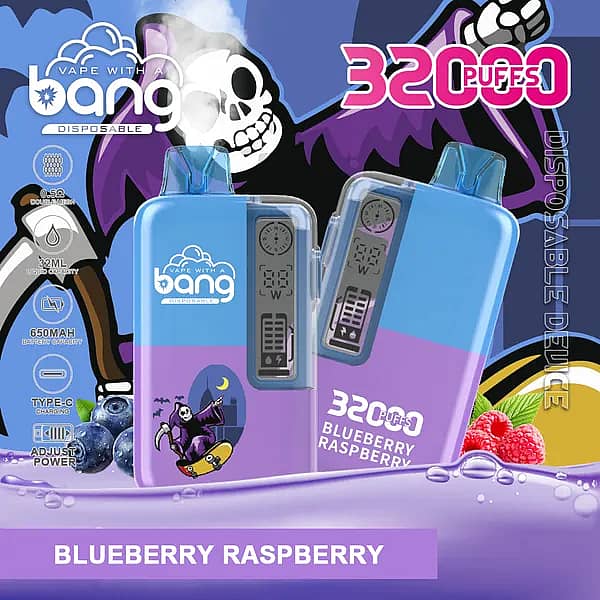 Bang 32,000-puff disposable vape in Blueberry Raspberry—translucent blue/purple body with clear mouthpiece; 32 mL e-liquid, 650 mAh battery, Type-C charging, 0.5 Ω dual-mesh coil, adjustable power.