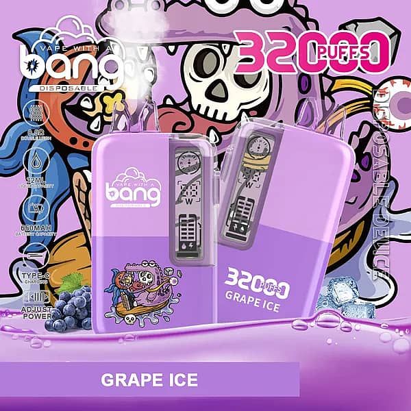 Bang 32,000-puff disposable vape, Grape Ice flavor; two-tone purple body with battery/e-liquid indicators, 32 mL e-liquid, 650 mAh Type-C rechargeable, 0.5Ω dual-mesh, adjustable power.