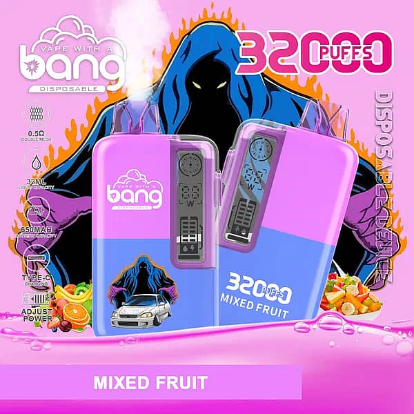 Bang 32,000-puff disposable vape in Mixed Fruit—pink/blue translucent body with clear mouthpiece; 32 mL e-liquid, 650 mAh battery, Type-C charging, 0.5 Ω dual-mesh coil, adjustable power; fruit graphics and hooded-figure artwork behind.