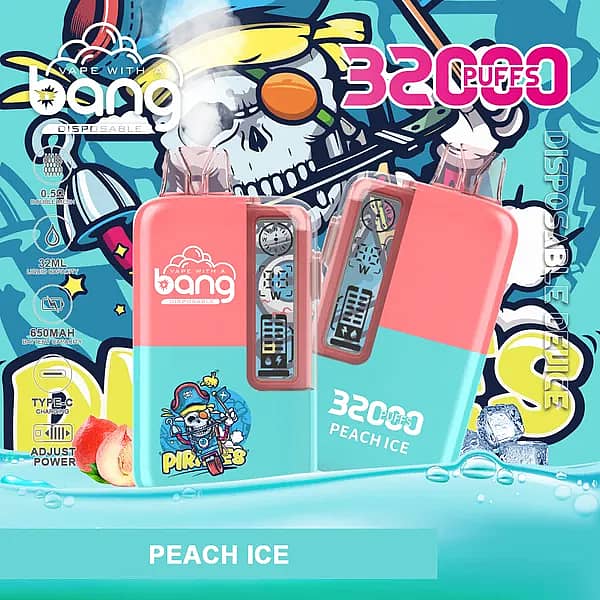 Promotional image for the “Vape With a Bang” 32,000-puff disposable in the Grape Ice flavor. Two devices (one upright, one tilted) feature a translucent purple shell with clear drip tips and a windowed control panel displaying the adjustable power slider and indicator icons. Large “32000 PUFFS” text and spec badges call out 32 mL e-liquid, a 650 mAh battery, Type-C charging, and a 0.5 Ω dual-mesh coil. A playful skull-style cartoon backdrop with grapes and ice underscores the chilled grape profile.