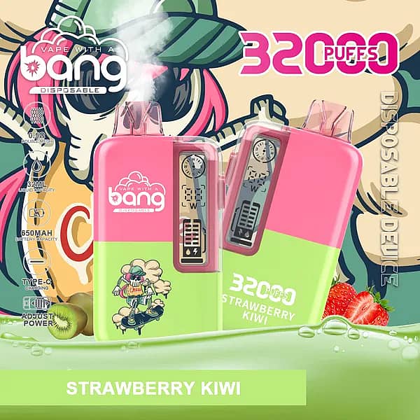 Bang 32,000-puff disposable vape, Strawberry Kiwi flavor, 32 mL e-liquid, 650 mAh Type-C, 0.5Ω dual-mesh, adjustable power.