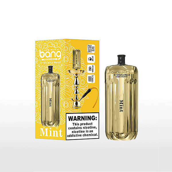 Bang E-Shisha Head 42000 Puffs in Mint flavor, gold cylindrical hookah head beside yellow packaging with hookah illustration and nicotine warning.