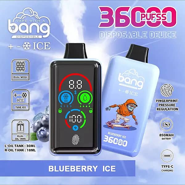 Bang 36000 Ice Control Blueberry Ice smart-screen disposable vape with adjustable ICE ± cooling; dual tanks 30 mL + 10 mL, 850 mAh Type-C fast charge, 1.0Ω dual-mesh coil, fingerprint pressure regulation.