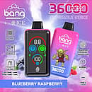 Bang 36000 Ice Control Blueberry Raspberry smart-screen disposable vape with adjustable ICE ± cooling; dual oil tanks 30 mL + 10 mL, dual-mesh coil, 850 mAh battery, Type-C fast charging, fingerprint pressure regulation.
