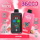 Bang 36000 Ice Control Love66 smart-screen disposable vape with adjustable ICE ± cooling; dual oil tanks 30 mL + 10 mL, 1.0Ω dual-mesh coil, 850 mAh battery, Type-C fast charging, fingerprint pressure regulation.