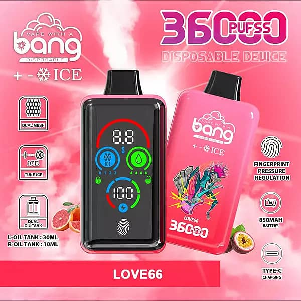 Bang 36000 Ice Control Love66 smart-screen disposable vape with adjustable ICE ± cooling; dual oil tanks 30 mL + 10 mL, 1.0Ω dual-mesh coil, 850 mAh battery, Type-C fast charging, fingerprint pressure regulation.