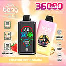 Bang 36000 Ice Control Strawberry Banana smart-screen disposable vape with adjustable ICE ± cooling; dual oil tanks 30 mL + 10 mL, 1.0Ω dual-mesh coil, 850 mAh battery, Type-C fast charging, fingerprint pressure regulation.